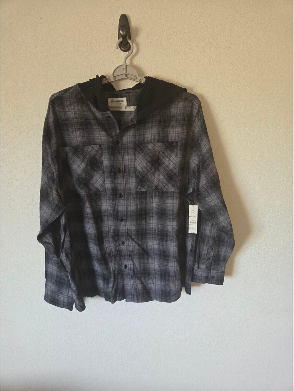 No Boundaries Oversized Fit Hooded Flannel Shirt 2XL Black Gray Plaid